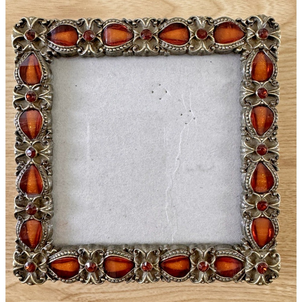 Vintage Jeweled Picture Frame 4x4 Amber Rhinestone Ornate Floral Metal